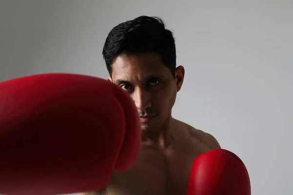 Attractive fitness angry young asian man play boxing with gloves. Mock-up. High quality photo.