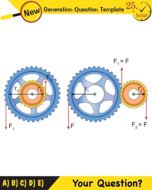 Physics - Simple machines, pulleys, gears, next generation question template, dumb physics figures, exam question, eps