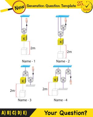 Physics, Science experiments on force and motion with pulley, next generation question template, dumb physics figures, exam question, eps