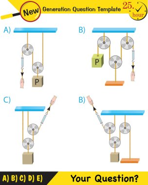 Physics, Science experiments on force and motion with pulley, next generation question template, dumb physics figures, exam question, eps