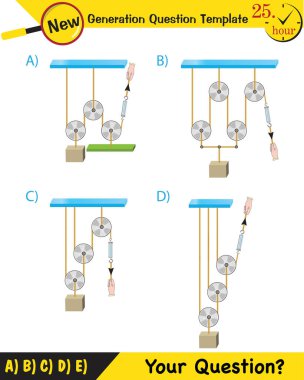 Physics, Science experiments on force and motion with pulley, next generation question template, dumb physics figures, exam question, eps