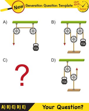 Physics, Science experiments on force and motion with pulley, next generation question template, dumb physics figures, exam question, eps