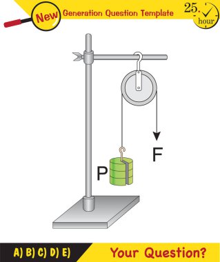 Physics, Science experiments on force and motion with pulley, next generation question template, dumb physics figures, exam question, eps