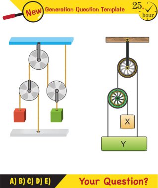 Physics, Science experiments on force and motion with pulley, next generation question template, dumb physics figures, exam question, eps