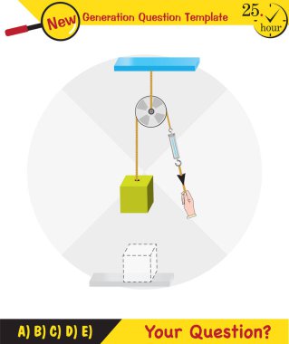 Physics, Science experiments on force and motion with pulley, Simple Machines, Springs, Pulleys, Gears, next generation question template, dumb physics figures, exam question, eps 
