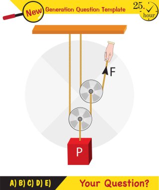 Physics, Science experiments on force and motion with pulley, Simple Machines, Springs, Pulleys, Gears, next generation question template, dumb physics figures, exam question, eps 