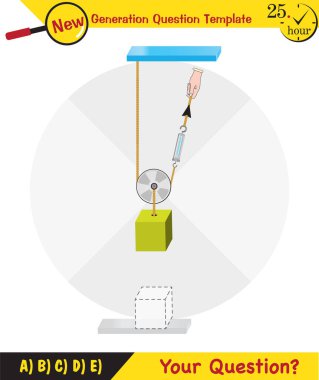 Physics, Science experiments on force and motion with pulley, Simple Machines, Springs, Pulleys, Gears, next generation question template, dumb physics figures, exam question, eps 