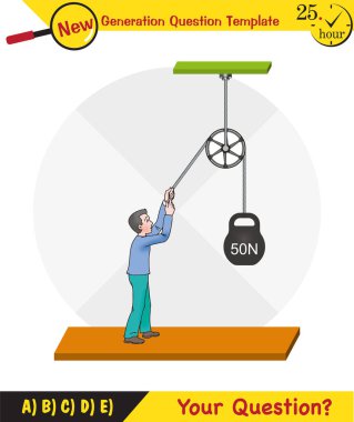 Physics, Science experiments on force and motion with pulley, Simple Machines, Springs, Pulleys, Gears, next generation question template, dumb physics figures, exam question, eps 