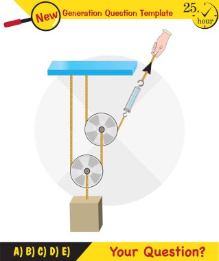 Physics, Science experiments on force and motion with pulley, Simple Machines, Springs, Pulleys, Gears, next generation question template, dumb physics figures, exam question, eps 