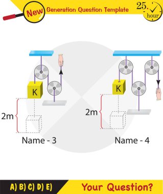 Physics, Science experiments on force and motion with pulley, Simple Machines, Springs, Pulleys, Gears, next generation question template, dumb physics figures, exam question, eps 