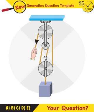 Physics, Science experiments on force and motion with pulley, Simple Machines, Springs, Pulleys, Gears, next generation question template, dumb physics figures, exam question, eps 