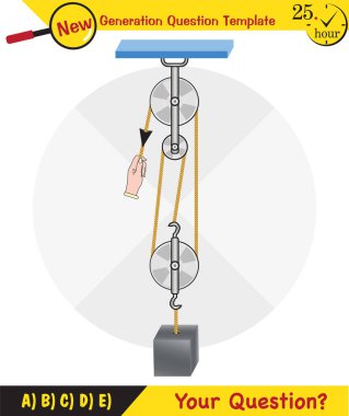 Physics, Science experiments on force and motion with pulley, Simple Machines, Springs, Pulleys, Gears, next generation question template, dumb physics figures, exam question, eps 