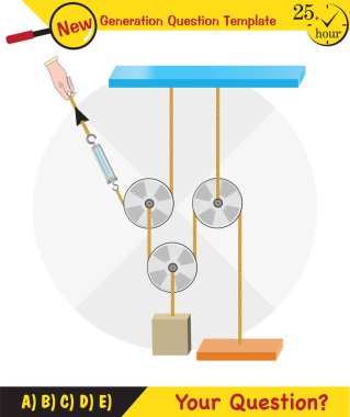 Physics, Science experiments on force and motion with pulley, Simple Machines, Springs, Pulleys, Gears, next generation question template, dumb physics figures, exam question, eps 