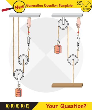 Physics, Science experiments on force and motion with pulley, Simple Machines, Springs, Pulleys, Gears, next generation question template, dumb physics figures, exam question, eps 