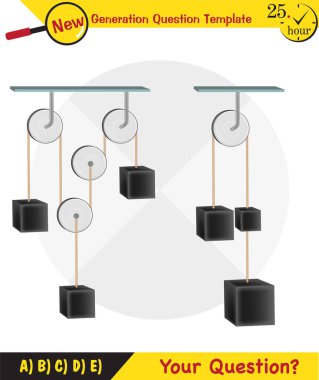 Physics, Science experiments on force and motion with pulley, Simple Machines, Springs, Pulleys, Gears, next generation question template, dumb physics figures, exam question, eps 