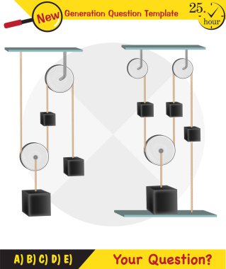 Physics, Science experiments on force and motion with pulley, Simple Machines, Springs, Pulleys, Gears, next generation question template, dumb physics figures, exam question, eps 