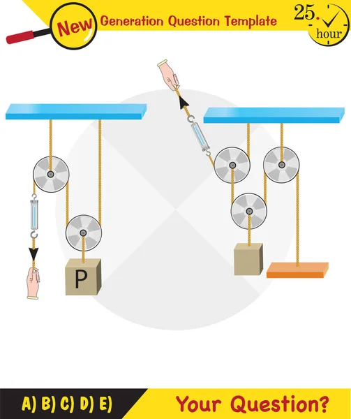 Physics Science Experiments Force Motion Pulley Simple Machines Springs Pulleys — Stock Vector
