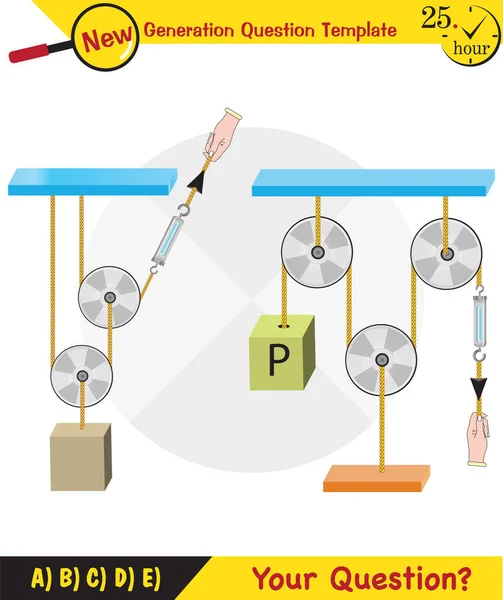 Physics Science Experiments Force Motion Pulley Simple Machines Springs Pulleys — Stock Vector