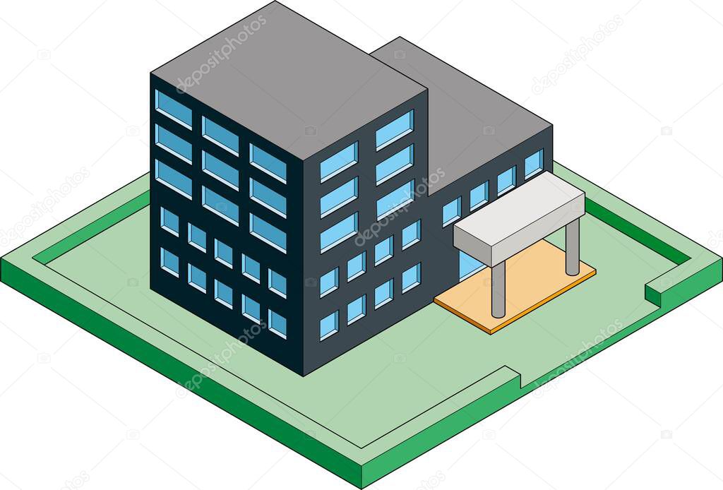 Illustration of a three-dimensional, isometric-style, three-dimensional government building on a white background.Can be used for clipart or infographics. With main lines, chic colors, facing right.