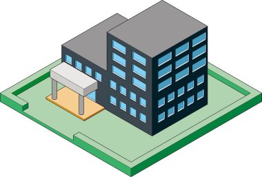 Beyaz bir arka plan üzerinde üç boyutlu, izometrik tarzda, üç boyutlu bir hükümet binası tasviri. Clipart veya infografikler için kullanılabilir. Ana hatları, şık renkleri, sola dönük..