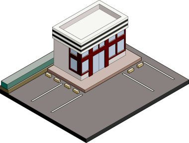 Park yeri olan bir marketin 3 boyutlu izometrik dış görüntüsü. Basit, üç boyutlu izometrik stil materyali bilgi grafiklerinde kullanılabilir. Ana hatlı, sağa bakan bir resim.