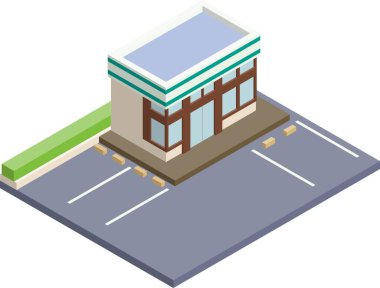 Park yeri olan bir marketin 3 boyutlu izometrik dış görüntüsü. Basit, üç boyutlu izometrik stil materyali bilgi grafiklerinde kullanılabilir. sağa dön