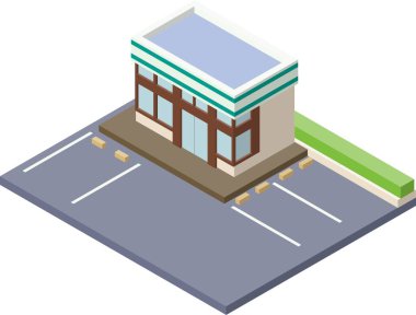 Park yeri olan bir marketin 3 boyutlu izometrik dış görüntüsü. Bilgi grafikleri için kullanılabilen basit, üç boyutlu izometrik biçim materyali.