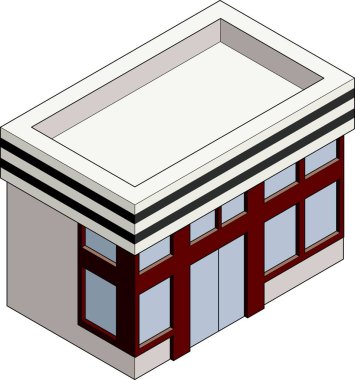 Bilgi grafiklerinde kullanmak için üç boyutlu, izometrik bir market dış çizimi. Üç boyutlu simge malzemesi. Sağa dön, ana hatta geç..