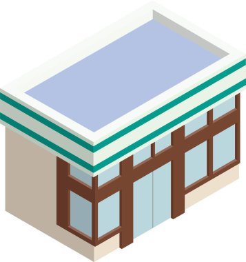 Bilgi grafiklerinde kullanmak için üç boyutlu, izometrik bir market dış çizimi. Üç boyutlu simge malzemesi. Sağa dön.