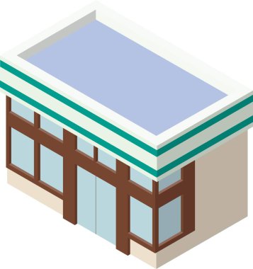 Bilgi grafiklerinde kullanmak için üç boyutlu, izometrik bir market dış çizimi. Üç boyutlu simge materyali.