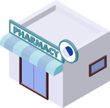 Ana hat yok. İzometrik 3 boyutlu bir eczane binasının tasviri. Tıbbi konsept.
