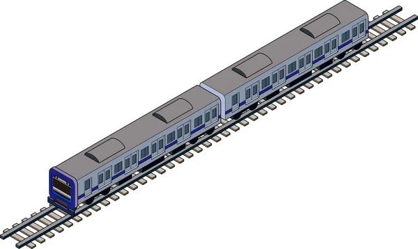 Ilustracja Trójwymiarowego Niebieskiego Pociągu Głównymi Liniami Biegnącymi Torze Kolejowym Isometryczna — Wektor stockowy