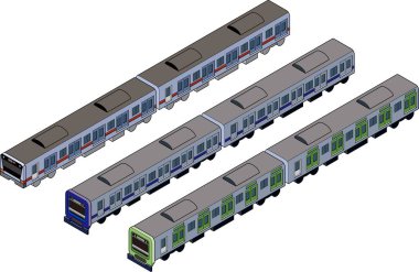 Mavi, turuncu ve sarı-yeşil tren çizimleri seti. Bilgi grafiklerinde kullanmak için üç boyutlu izometrik çizimler kümesi. Ana hatlarla. Ulaşım kavramı.