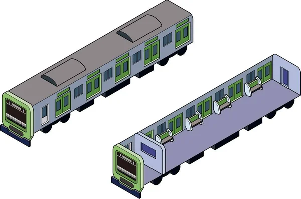 描述三维等距型列车及其横截面 图解显示列车内的座位 信息图形 运输概念中使用的图标 — 图库矢量图片