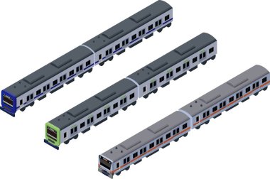 Mavi, turuncu ve sarı-yeşil tren çizimleri seti. Bilgi grafiklerinde kullanmak için üç boyutlu izometrik çizimler kümesi. Ana hatlar olmadan. Ulaşım kavramı.