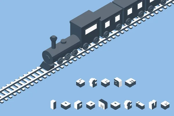 Simple Silhouette Illustration Steam Locomotive Running Railroad Track Isometric Style — Vetor de Stock