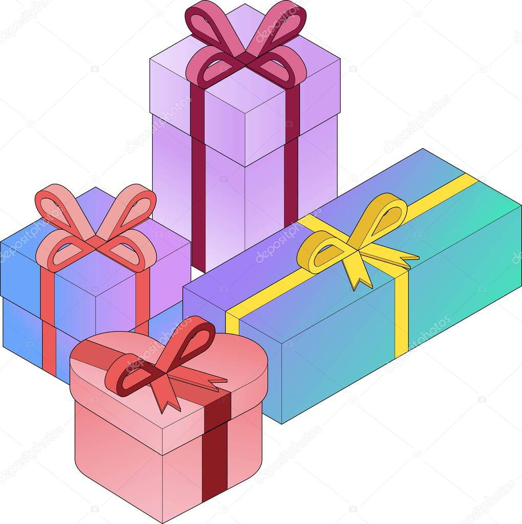 Illustration set of a heart-shaped or square gift box with colorful main lines using gradients