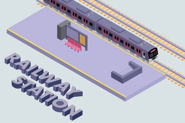 Ілюстрація Фіолетового Поїзда Зупинилася Платформі Станції Білий Фон Ізометричний Знаковий — стоковий вектор