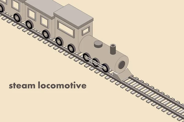 Simple Sepia Illustration Steam Locomotive Running Railroad Track Isometric Style — Vetor de Stock