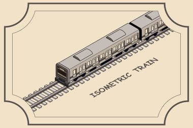 Baskı altında sepia renginde bir trenin tasviri demiryolu rayları boyunca bir çerçeve içinde koşuyor. Kopyalama alanı kullanılabilir. Isome illüstrasyon. Gezi konsepti.