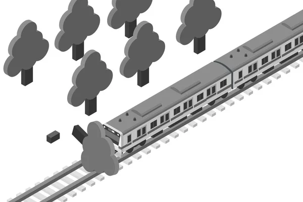 Illustrazione Isometrica Albero Che Cade Treno Incagliato Illustrazione Ritardo Del — Vettoriale Stock