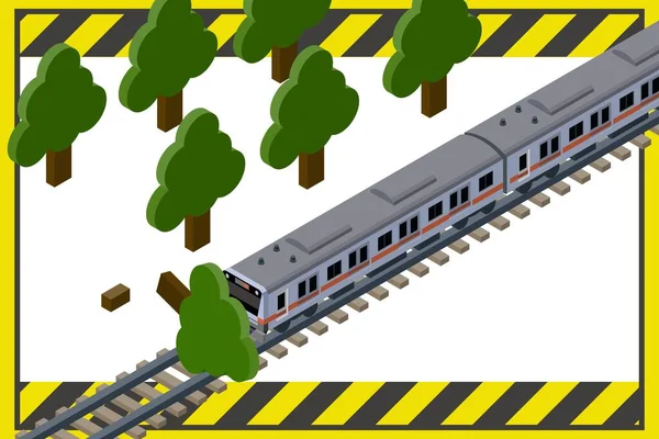 木の落下や列車のイメージのカラフルなイラストが立ち往生し 遅れています トラフィック情報を発表するアイソメトリックフレームバナーイラスト 本線なし — ストックベクタ