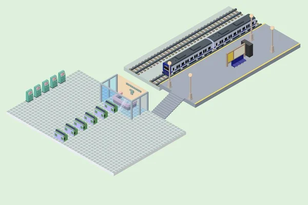 Isometrisk Illustration Tredimensionell Hierarki Stationära Biljettmaskiner Vändskivor Biljettfönster Och Stationsplattformar — Stock vektor