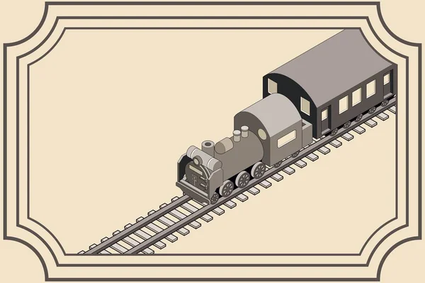 Banner Illustration Steam Locomotive Running Railroad Track Simple Isometric Monochrome — Stock Vector