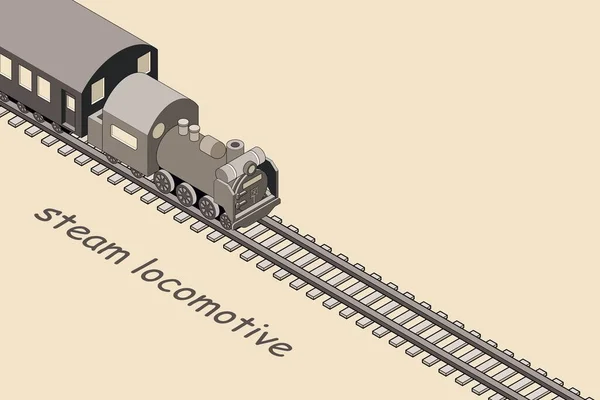 Banner Ilustração Uma Locomotiva Vapor Correndo Uma Férrea Isométrica Simples — Vetor de Stock