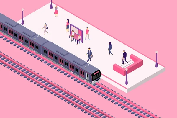駅ホームに停車する列車に乗り込もうとする人々のシーンのクリップアート アイソメトリックスタイルのイラスト 通学の概念 — ストックベクタ