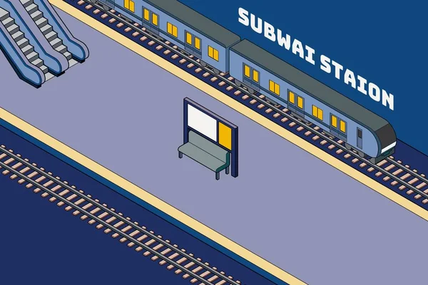 青い地下鉄の車と駅のプラットフォームのイラスト アイソメトリックスタイル メインライン付き 地下鉄のコンセプト — ストックベクタ
