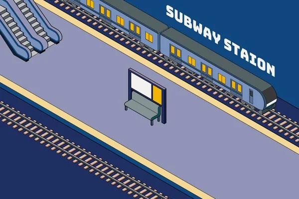 Illusztráció Egy Kék Metró Autó Állomás Platform Izometrikus Stílus Vonalakkal — Stock Vector