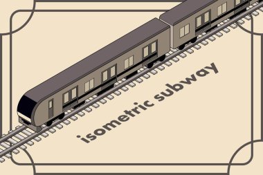 Raylarda giden izometrik metronun siyah beyaz çizimi. Çerçeve, kopyalama alanı, ana hatlar. Ulaşım, tren kavramı