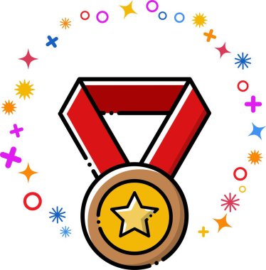 Vector illustration of a gold medal with red strap. Symbol of success, winner. Simple and cute line drawing icons